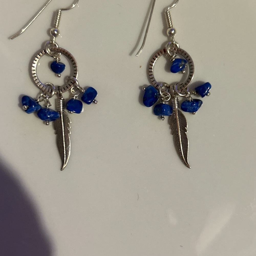 Silver and Blue LapisFeather Dangle Earrings